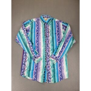 Vintage Steer West Western Shirt Mens L Blue Purple Stripe Aztec Cowboy 90s USA